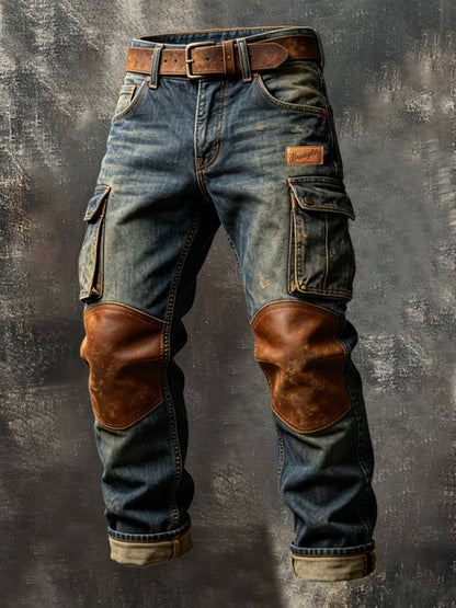 Men's Vintage Denim & Leather-Panel Multi-Pocket Utility Pants