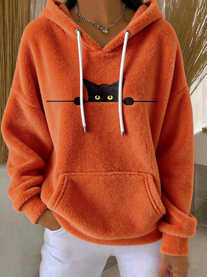 Women's Cute Cat Print Plush Hooded Sweatshirt