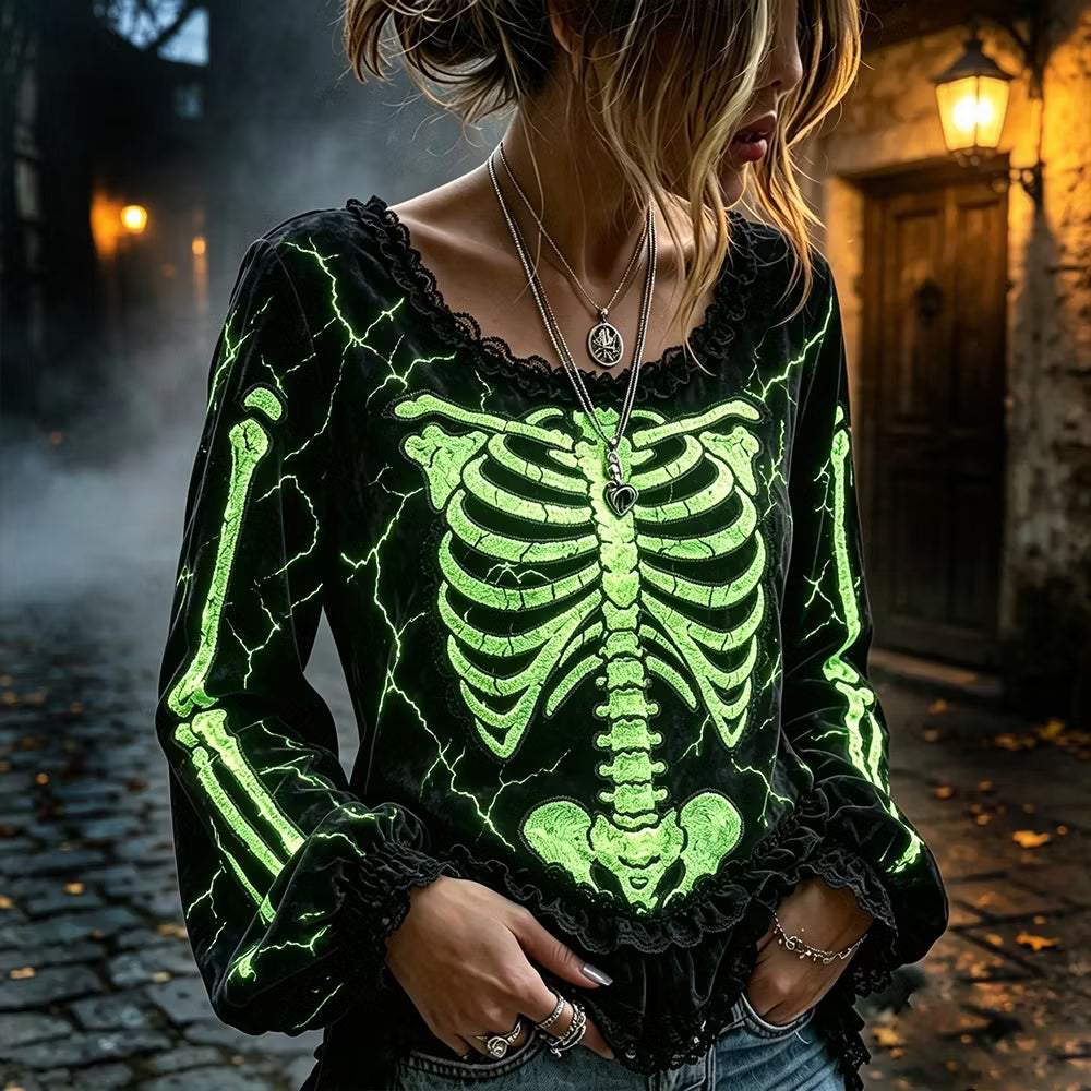 Women's Halloween Dark Gothic Neon Skull Art Crew Neck Long Sleeve Top