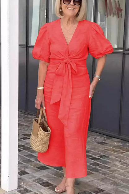 V-neck Tie-waist Puff Sleeve Cotton Dress