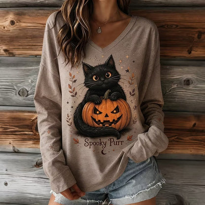 Women's Retro Halloween Pumpkin With Ctue Black Cat Print Casual V-neck Long Sleeve T-shirt