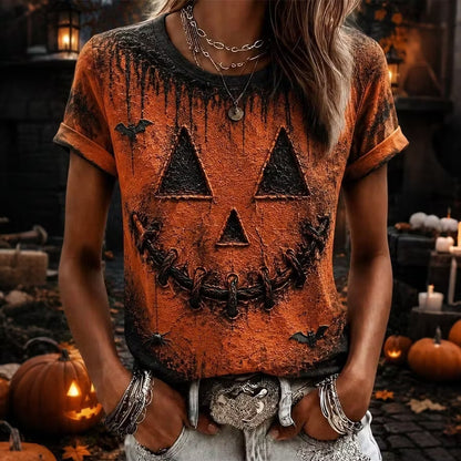 Women's Halloween Pumpkin Face Art Print T-shirt