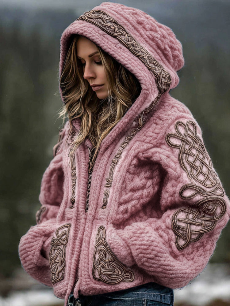 Women's Viking Celtic Knot Cozy Warm Knit Full Zip Hooded Sweater