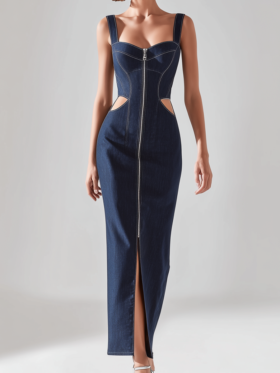 Sculpted Zip-Front Denim Maxi Dress