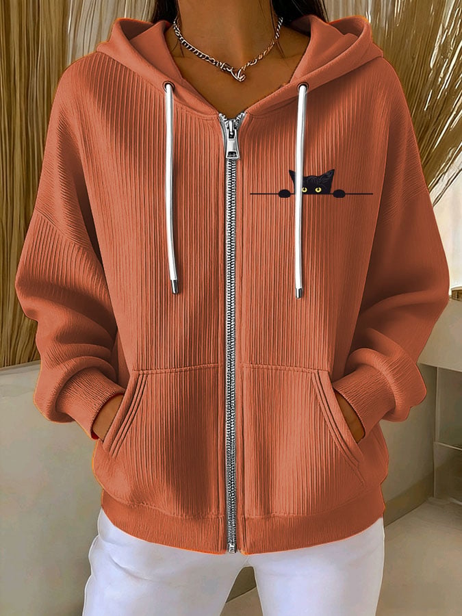 Women's Casual Cat Print Textured Sweatshirt Jacket