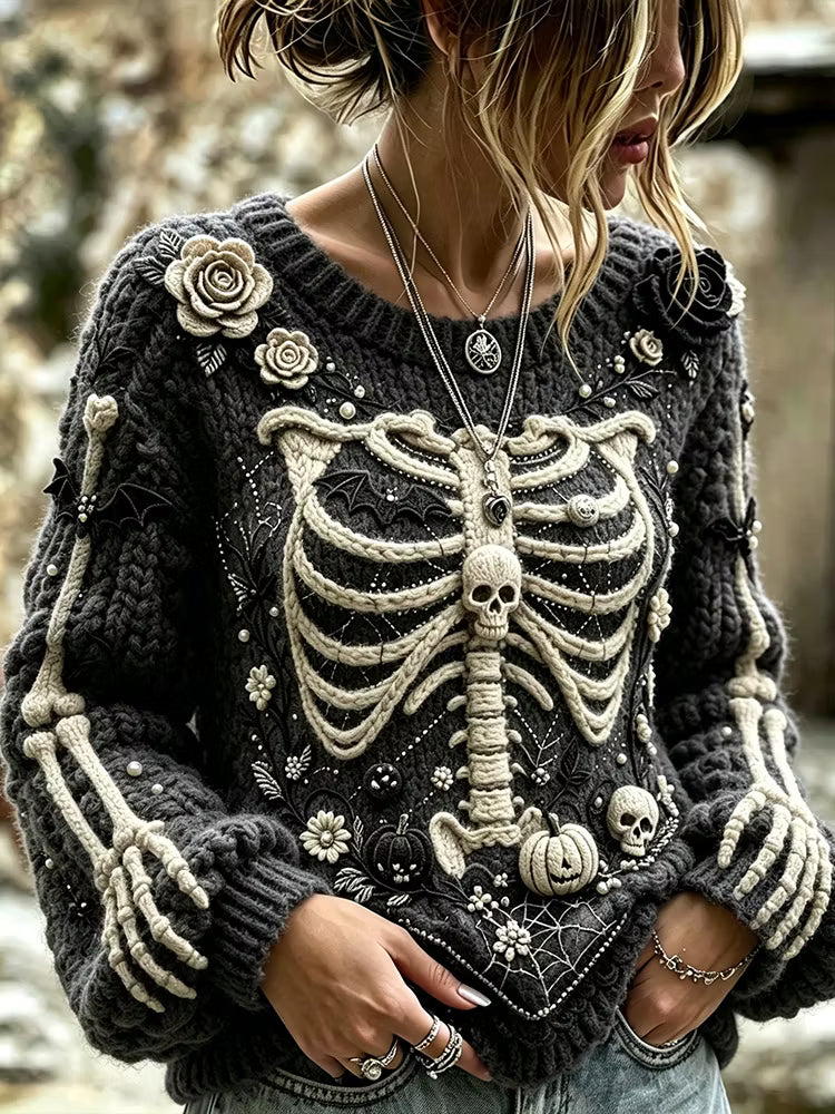 Halloween Human Skeleton And Floral Art Patchwork Stitched Comfortable Color-block Casual Crewneck Sweater