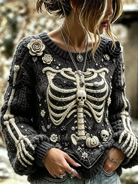 Halloween Human Skeleton And Floral Art Patchwork Stitched Comfortable Color-block Casual Crewneck Sweater