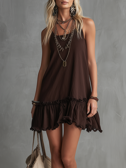 Bohemian Style Dark Brown Ruffled Sundress