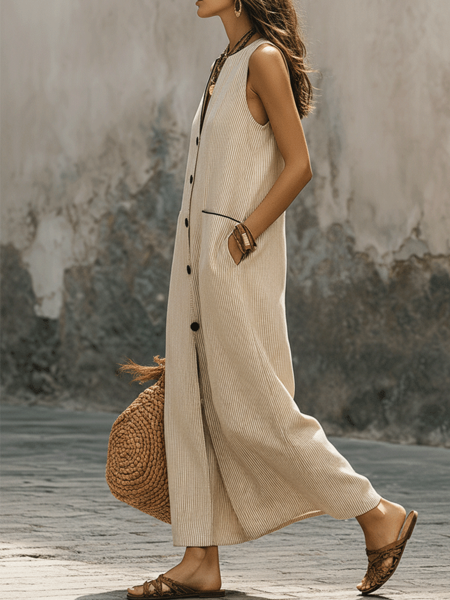 Chic Neutral Vertical Stripe Resort Maxi Dress