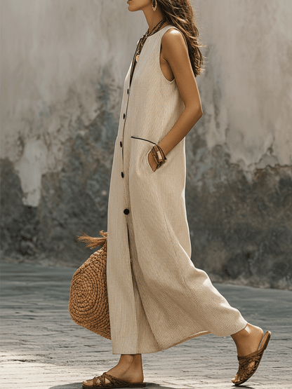 Chic Neutral Vertical Stripe Resort Maxi Dress