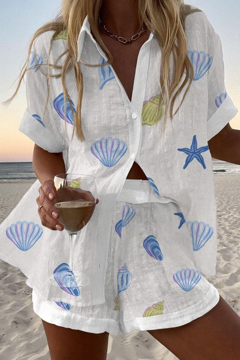 Seaside Shell Print Shirt & Shorts Two-Piece Set