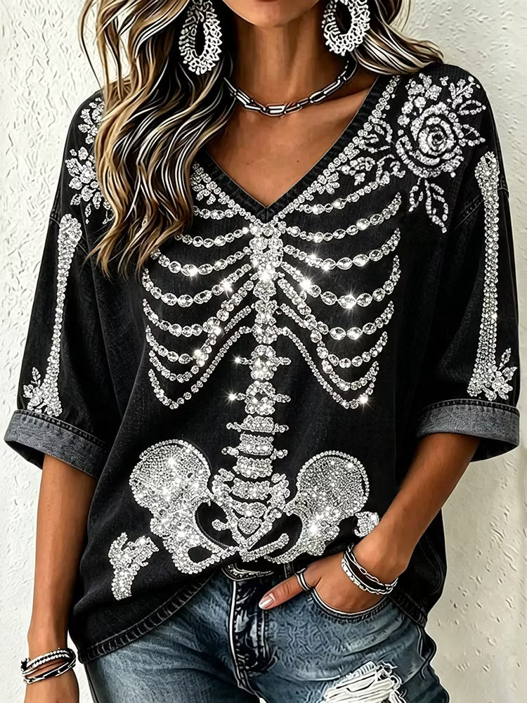 Women's Gothic Skull Rhinestone Art V Neck Three-quarter Sleeve Washed T-shirt