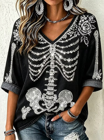Women's Gothic Skull Rhinestone Art V Neck Three-quarter Sleeve Washed T-shirt
