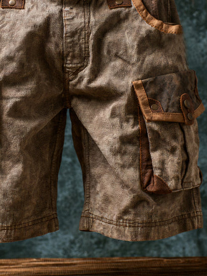 Men's Retro Waffle-Knit & Leather-Panel Print Outdoor Casual Shorts