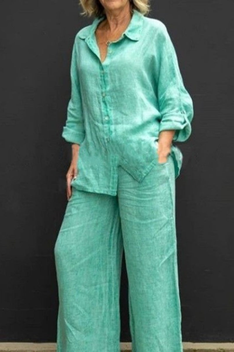 Women Linen Lapel Shirt Two Pieces Set Vintage Solid Long Sleeve Button Blouse and Loose Straight Pants Casual Suits