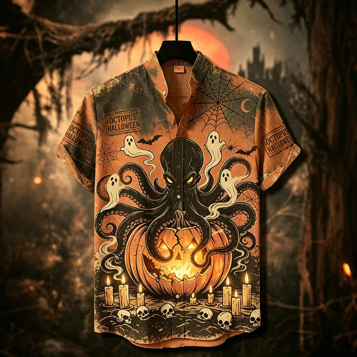 Men's Halloween Vintage Dark Octopus With Pumpkin Art Short Sleeve Shirt