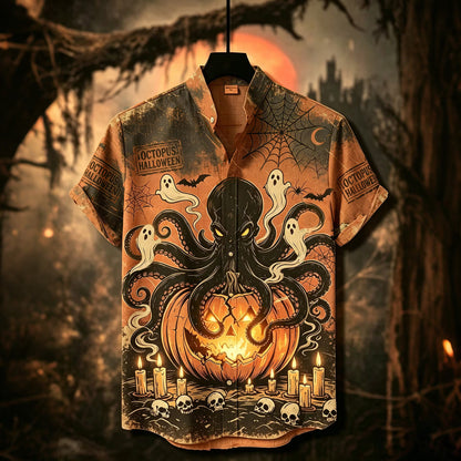 Men's Halloween Vintage Dark Octopus With Pumpkin Art Short Sleeve Shirt