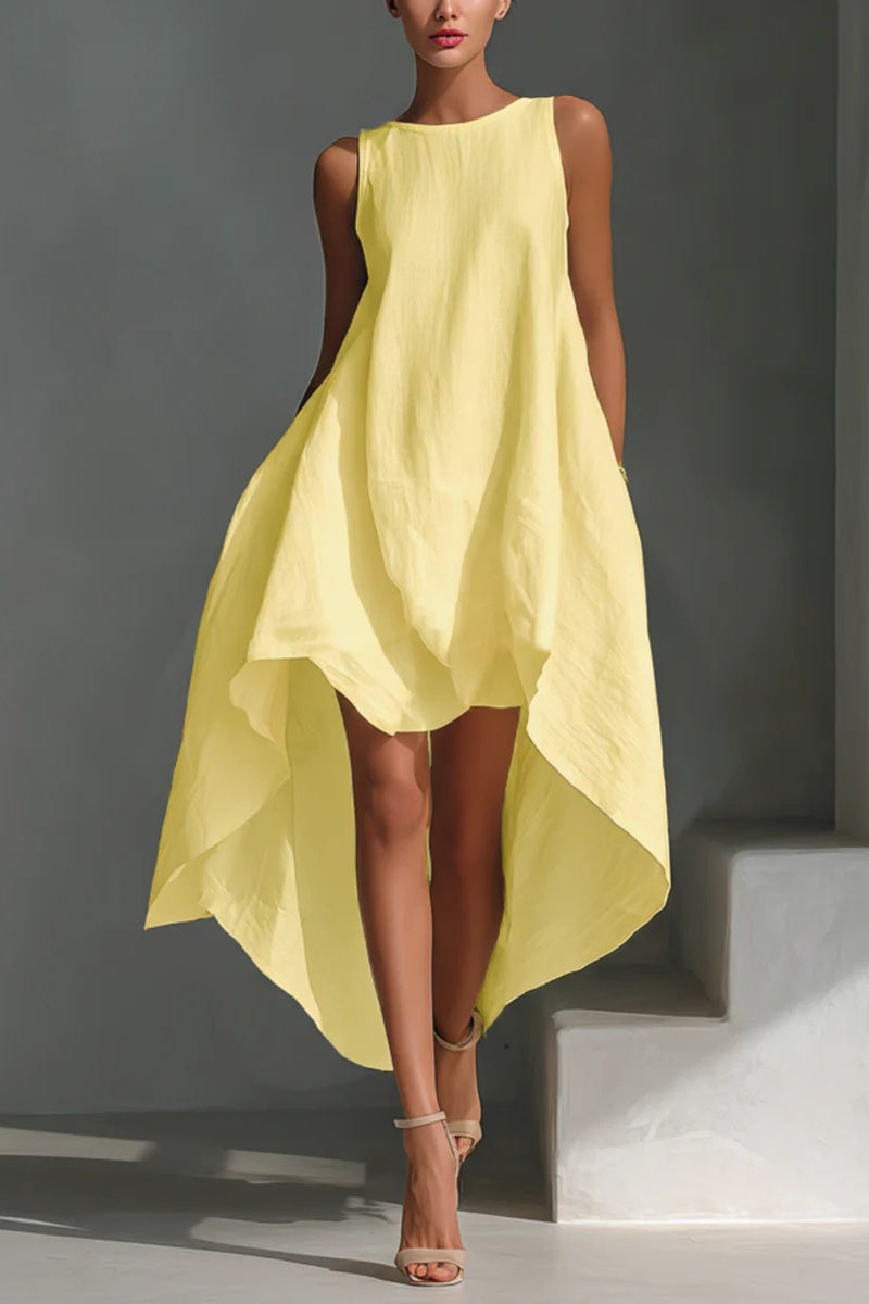Women's White Linen Fabric Sleeveless Midi Dress With Round Neck & Asymmetric Hem