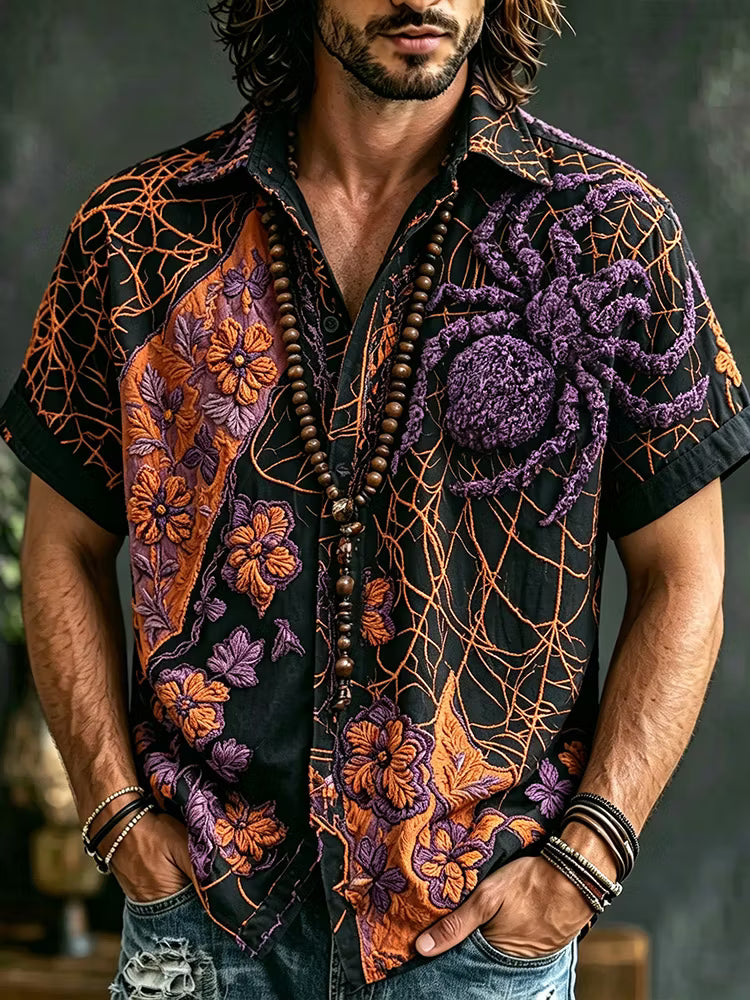 Men's Retro Halloween Spider Web Floral Patchwork Embroidered Button Shirt