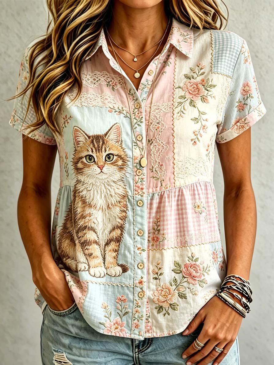 Women's Casual Cat Floral Print Shirt