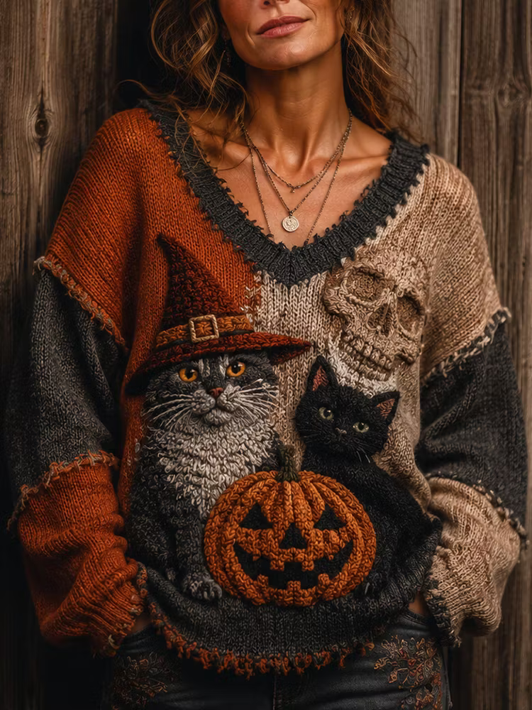 Women's Vintage Halloween Patchwork Knit Sweater With Cat In Witch Hat And Pumpkin Graphic