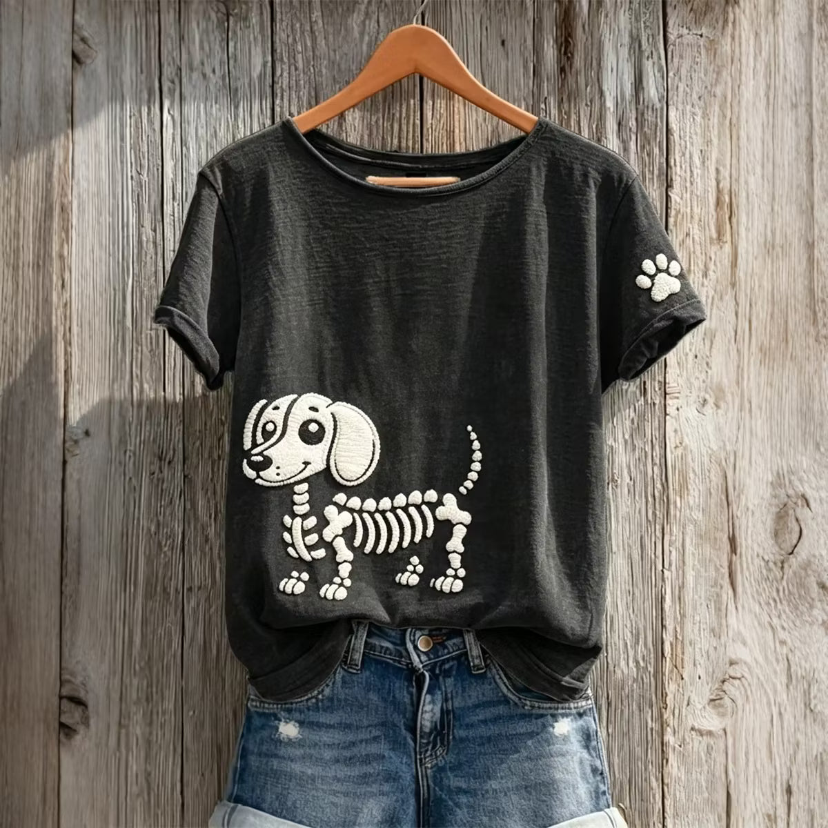 Women's Halloween Skull Dachshund Pattern Art Print Casual T-shirt