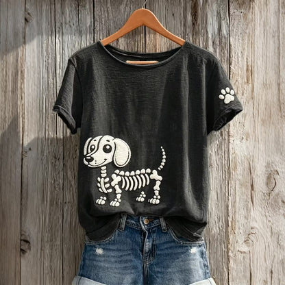 Women's Halloween Skull Dachshund Pattern Art Print Casual T-shirt