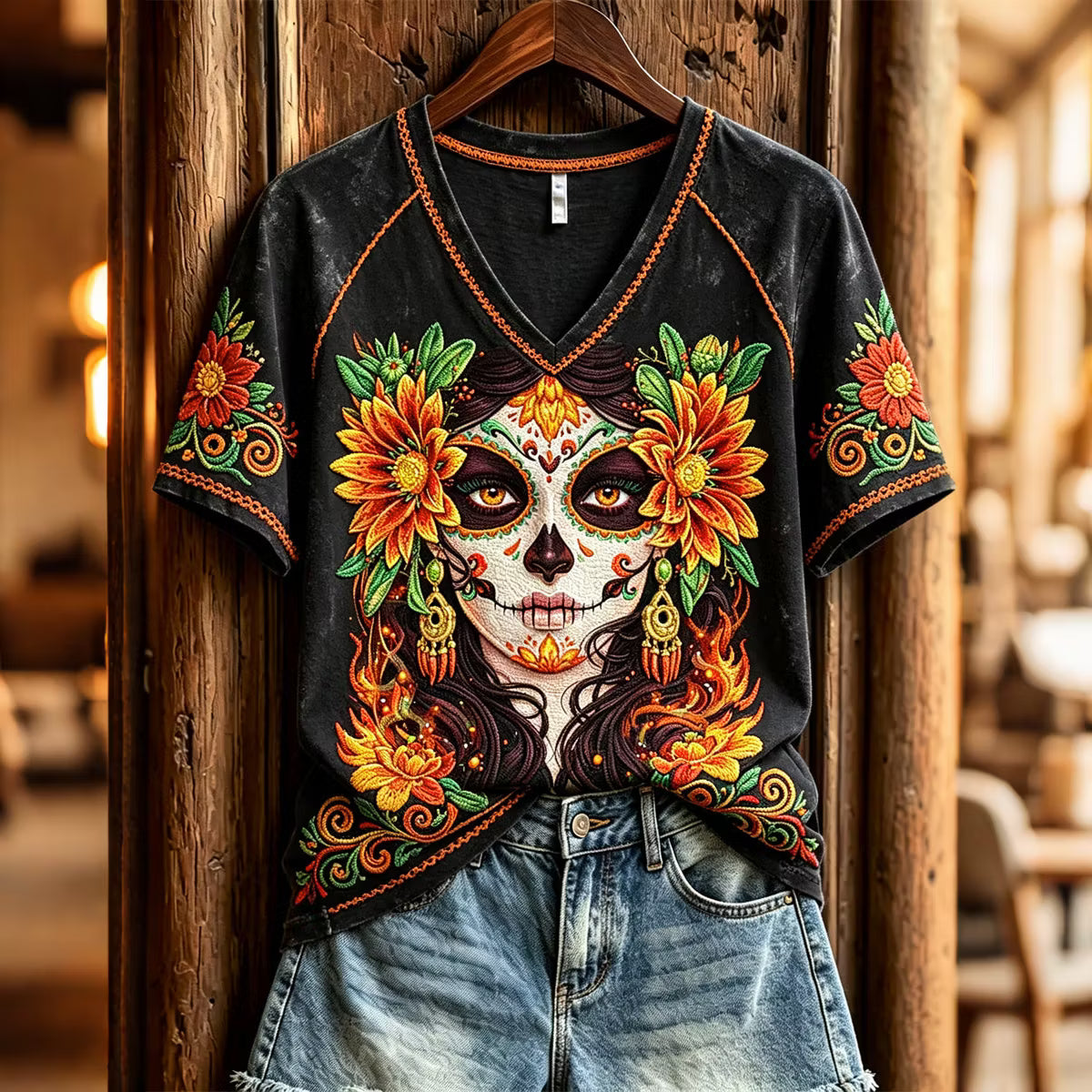 Women's Retro Vacation Floral Skull Design Cotton Linen Top
