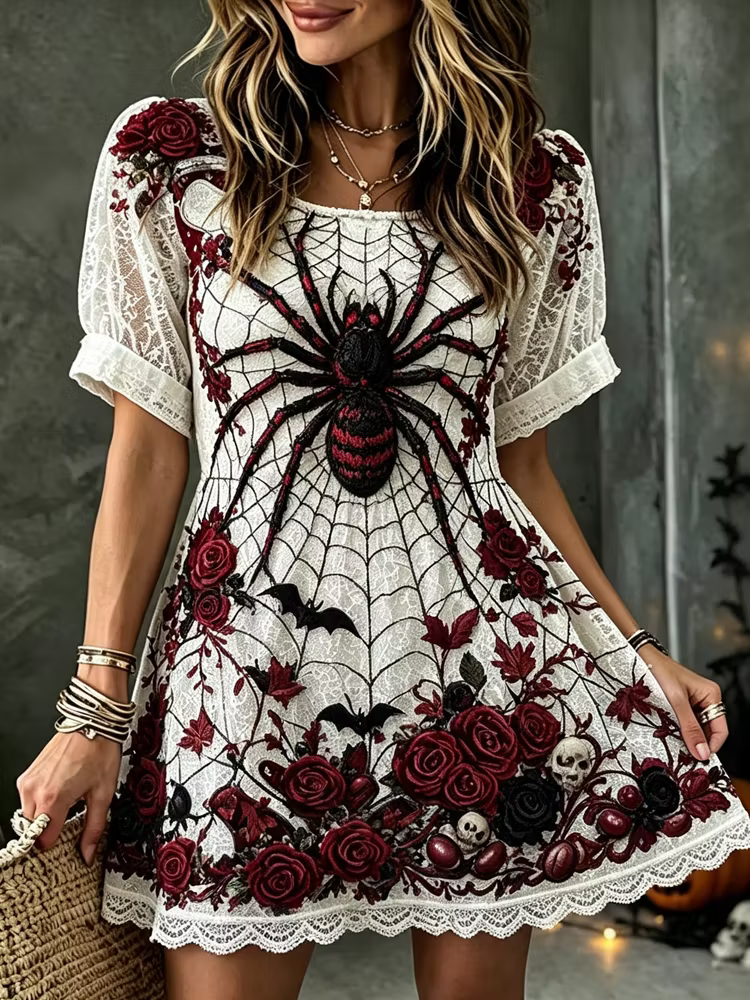 Women's Gothic V-neck Short-sleeved Mini Dress, Adorned With 3d Spider, Rose And Skull Patterns.