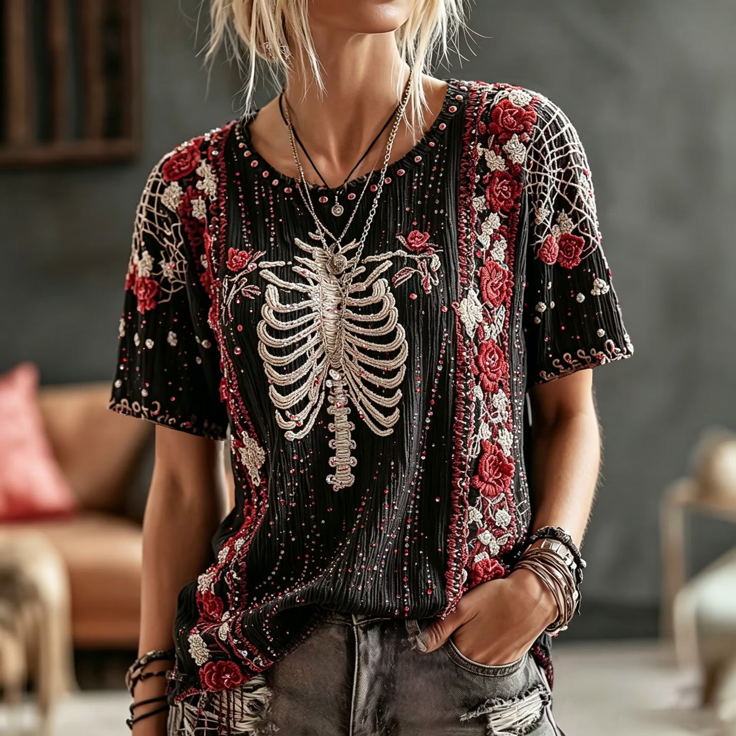 Women's Retro Halloween Bone And Floral Art Embroidery Crew Neck T-shirt