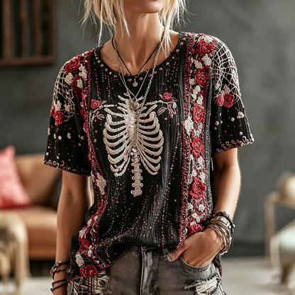 Women's Retro Halloween Bone And Floral Art Embroidery Crew Neck T-shirt