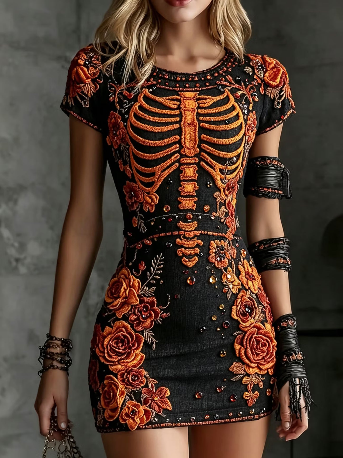 Women's Retro Halloween Skull And Floral Embroidered Round Neck Short Sleeve Dress