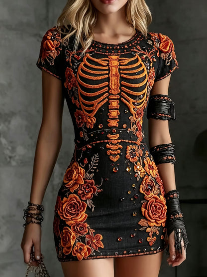 Women's Retro Halloween Skull And Floral Embroidered Round Neck Short Sleeve Dress