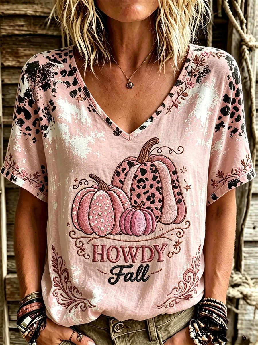 Women's Western Howdy Fall Pink Pumpkin Leopard Cowhide Print linen short-sleeved T-shirt