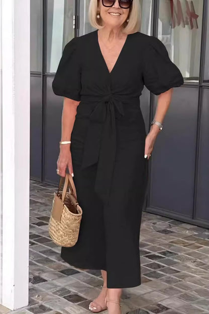 V-neck Tie-waist Puff Sleeve Cotton Dress