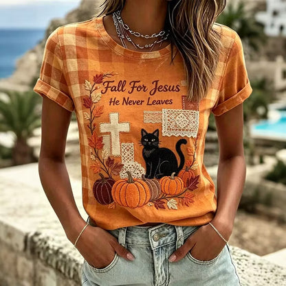 Fall For Jesus He Never Leaves Halloween Cat Patch Casual T-shirt.