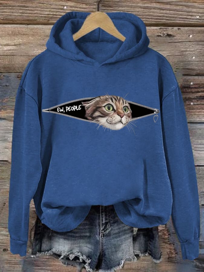 Women's Ew People Cat Print Hoodie
