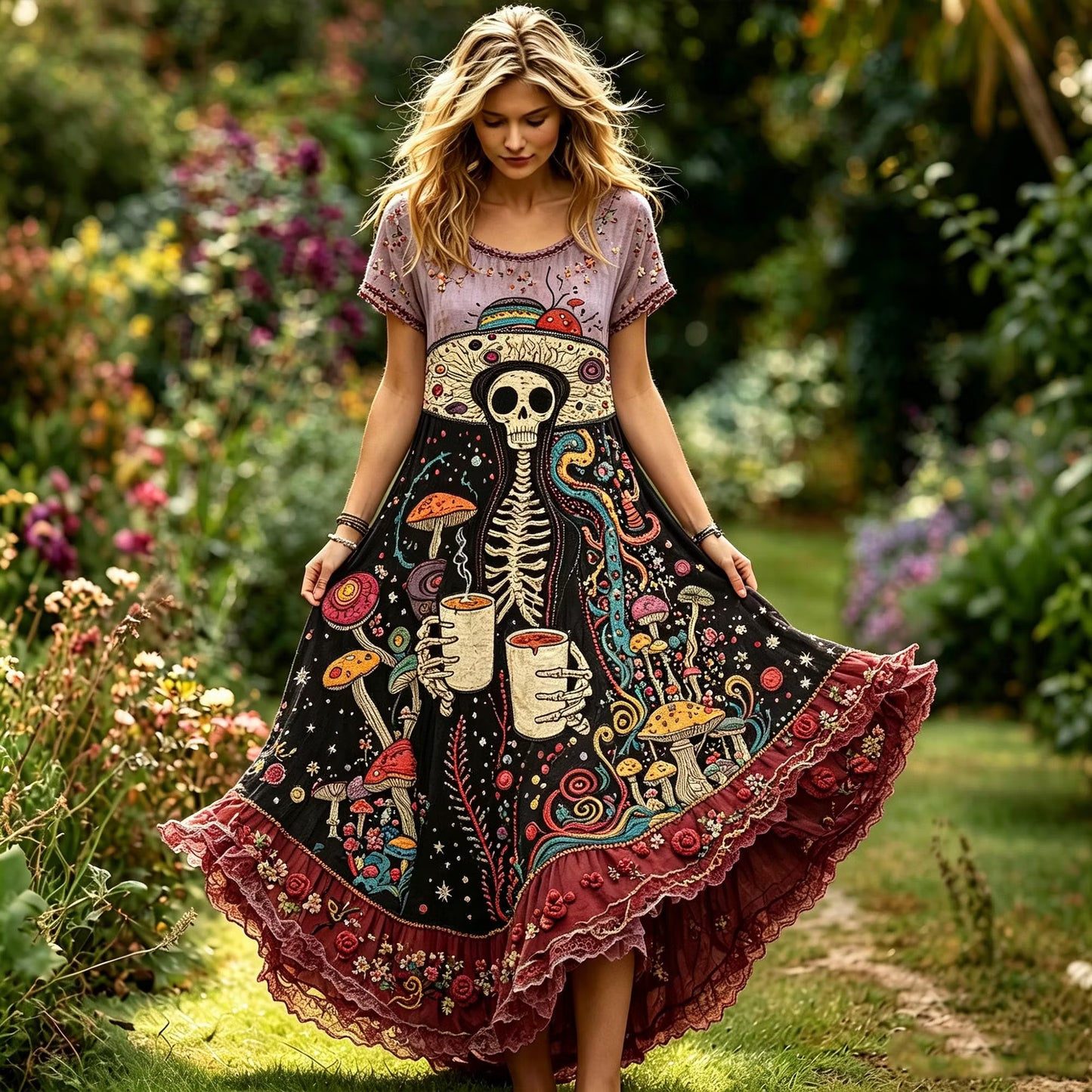 Women's Hippie Vintage Skeleton Mushroom Embroidery Short Sleeve Flowy Long Dress