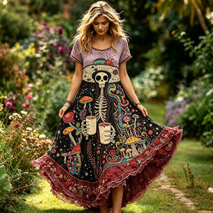 Women's Hippie Vintage Skeleton Mushroom Embroidery Short Sleeve Flowy Long Dress