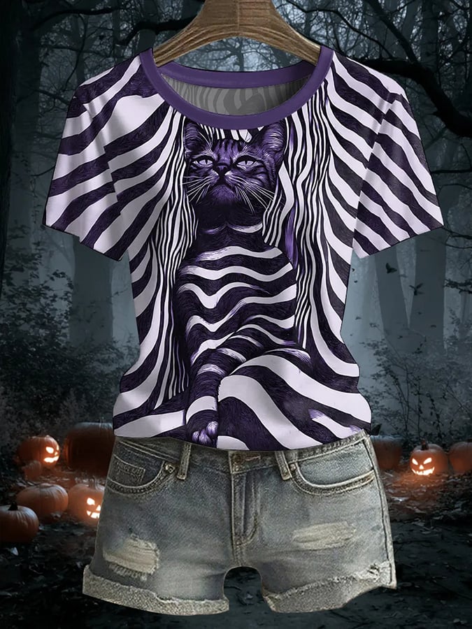 Women's Halloween Black Cat Print Top