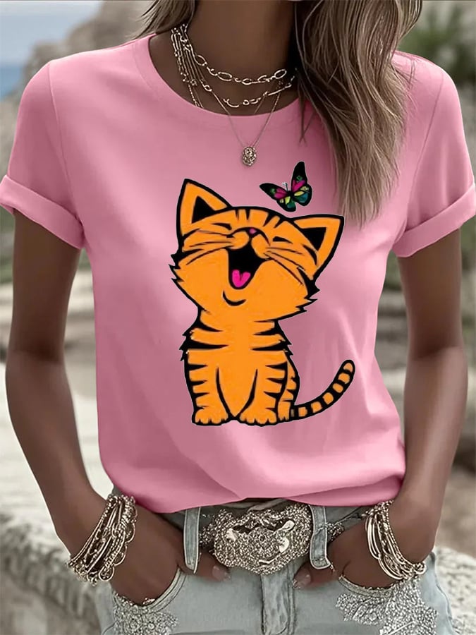 Women's Cat and Butterfly Print Casual T-Shirt