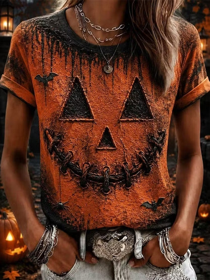 Women's Halloween Pumpkin Face Art Print T-shirt