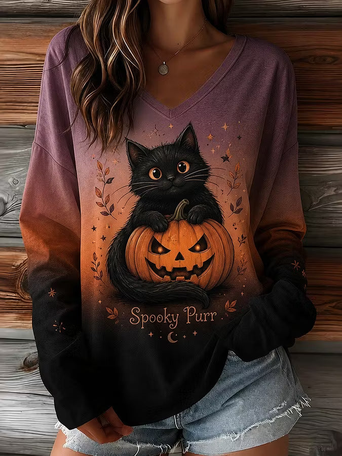 Women's Retro Halloween Pumpkin With Ctue Black Cat Print Casual V-neck Long Sleeve T-shirt