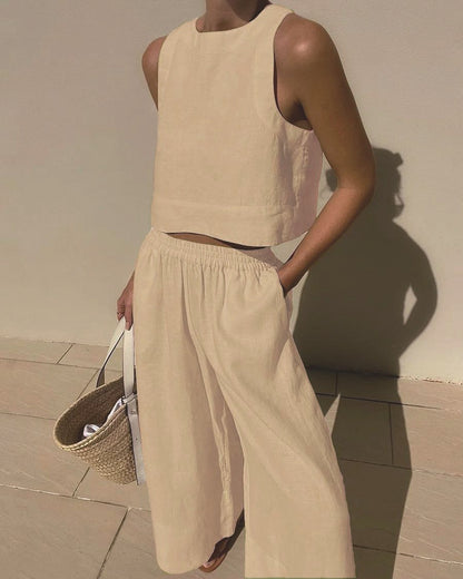 Women'S Casual Solid Color Cotton And Linen Two-Piece Suit