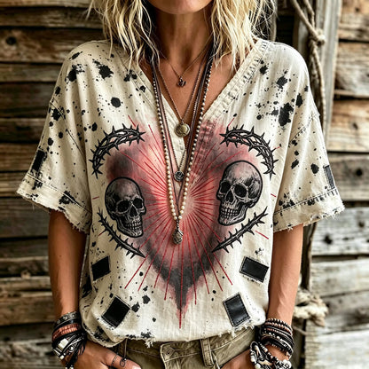 Women's Retro Rock Bleached Distressed Twin Skull Thorn Heart Print Top