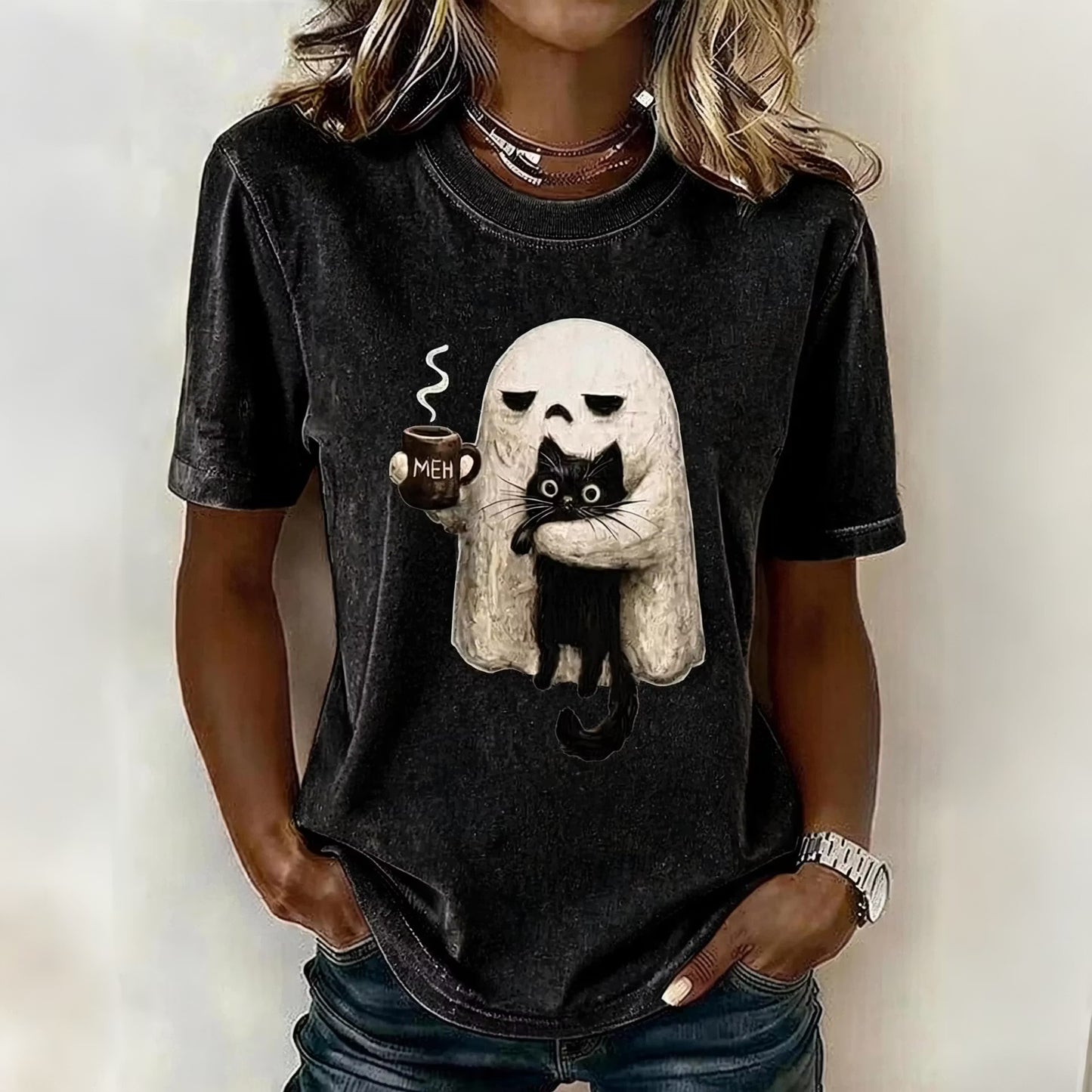 Women's Retro Halloween Ghost And Cat Pattern Crew Neck T-shirt