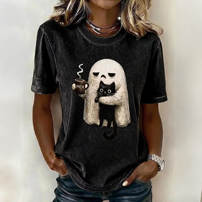 Women's Retro Halloween Ghost And Cat Pattern Crew Neck T-shirt