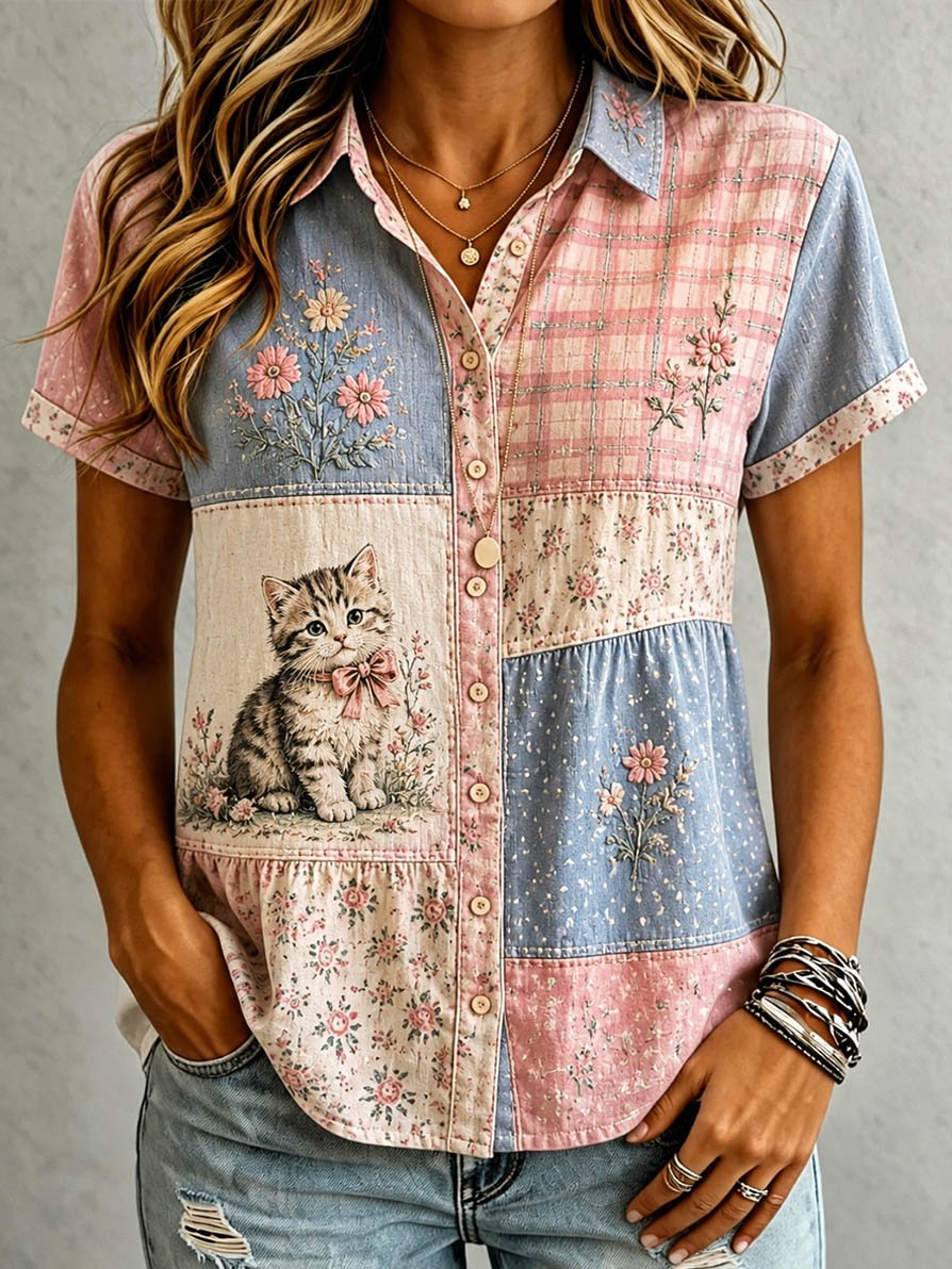Women's Casual Cat Floral Print Shirt