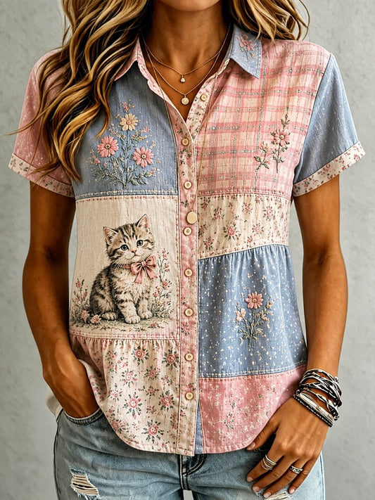 Women's Casual Cat Floral Print Shirt