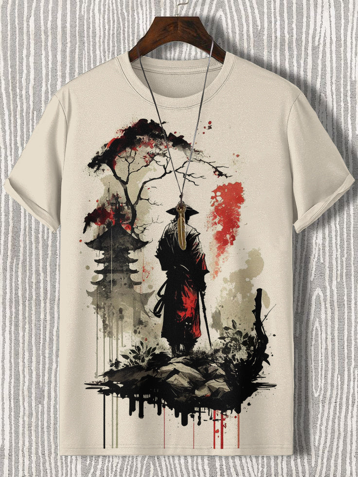 Men's Samurai Tower Tree Japanese Art Print Cotton Casual T-Shirt